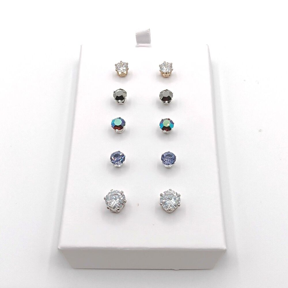 Stud Earrings Made With Swarovski Crystal 5 Pairs Faux Diamond Sapphire Peacock